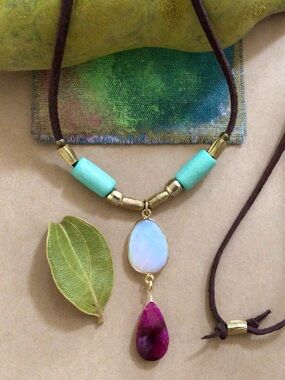 Opalite Ruby Gold Vermeil leather suede cord necklace Sundance Charm